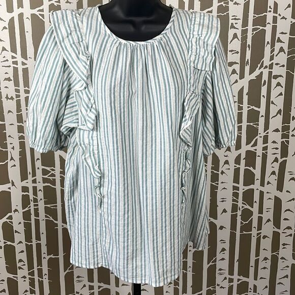 NEW Boho Striped Ruffle Trim Balloon Sleeve Top sz XL - Picture 1 of 6